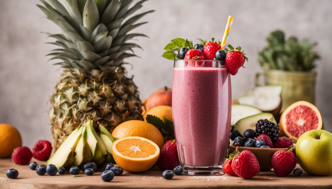 Colorful smoothie with diverse people and fresh ingredients in vibrant photo.