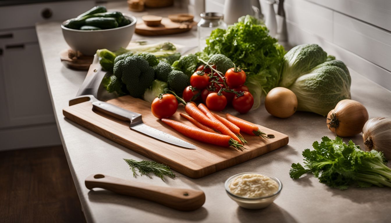 A photo of a rustic wooden cutting board with fresh vegetables, knife, and chef.