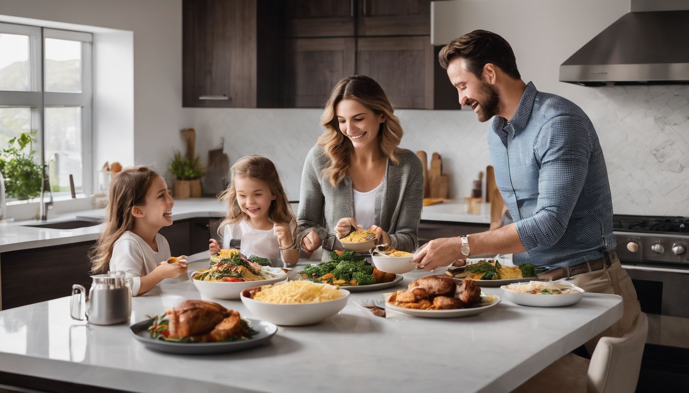 A diverse family enjoying a nutritious meal cooked in an air fryer.