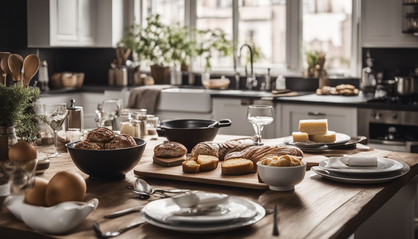 A table with cooking accessories surrounded by diverse people and cityscape photography.