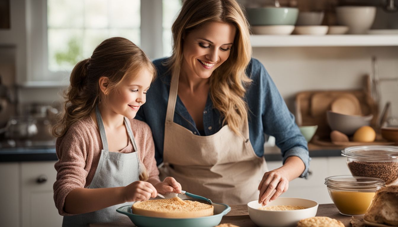 Mother and child baking together in a cozy kitchen.
