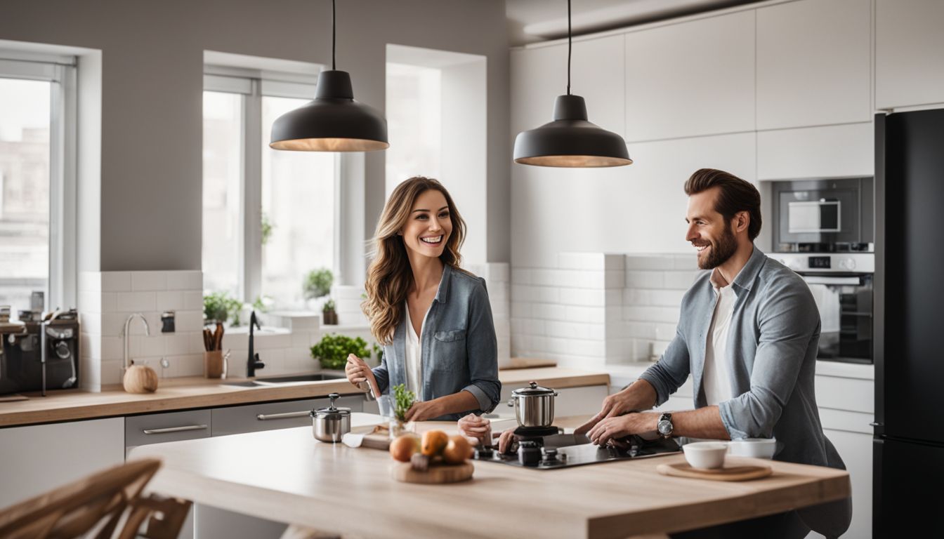 A couple happily using new kitchen appliances in a modern kitchen.