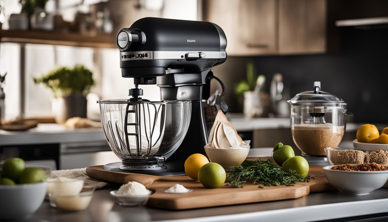 A stylish stand mixer with ingredients, tools, and varied people.
