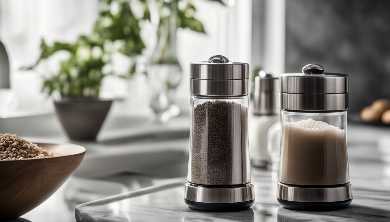 Stylish salt and pepper grinders on a marble countertop.