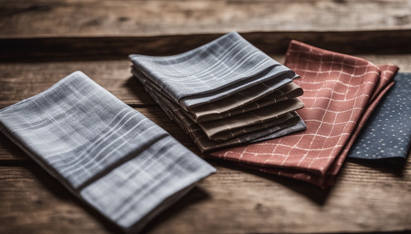 Patterned dinner napkins neatly folded on a rustic wooden table.