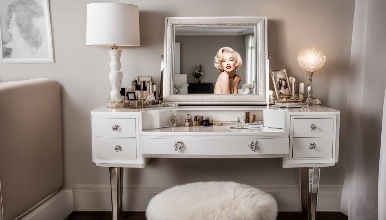 An elegant vintage vanity table with Marilyn Monroe portrait and glamorous bedroom furniture.