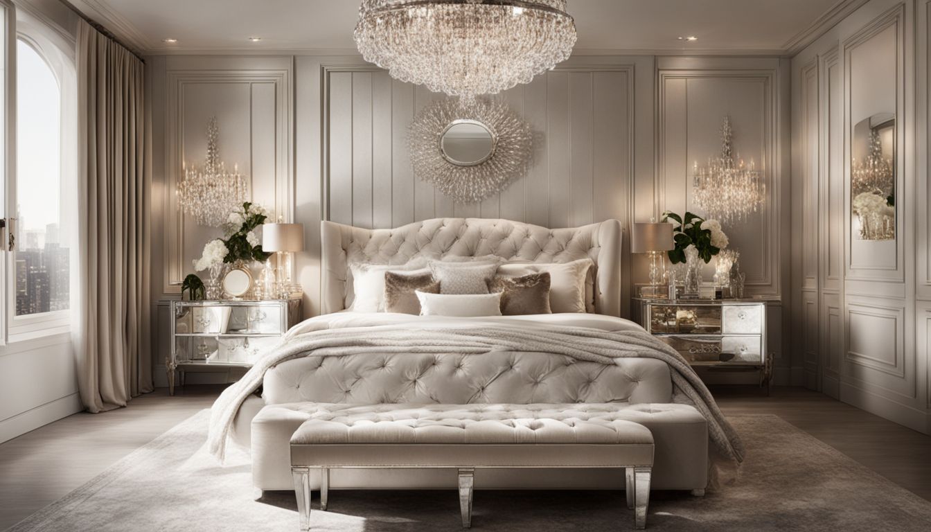 Glamorous Marilyn Monroe-inspired bedroom with luxurious furnishings and chandeliers.