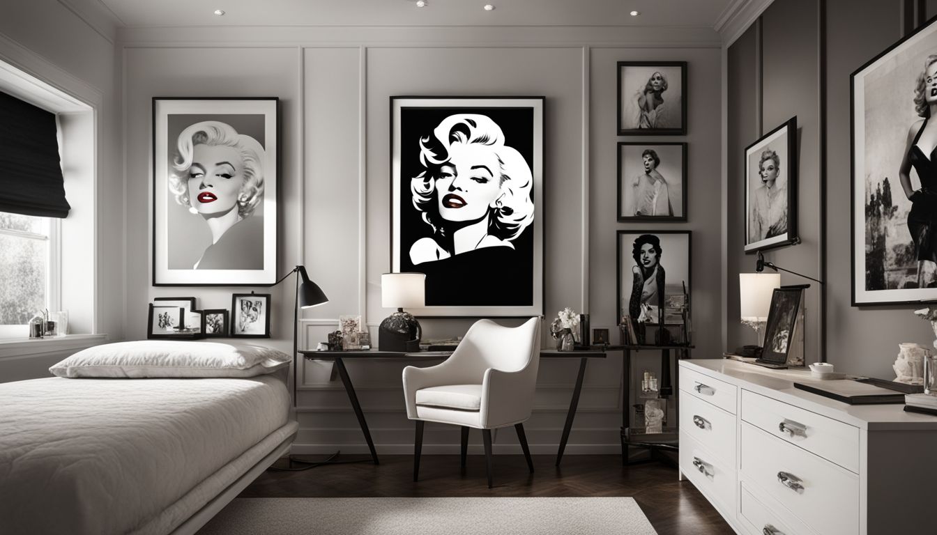 A Marilyn Monroe inspired bedroom with a vanity corner and art gallery.
