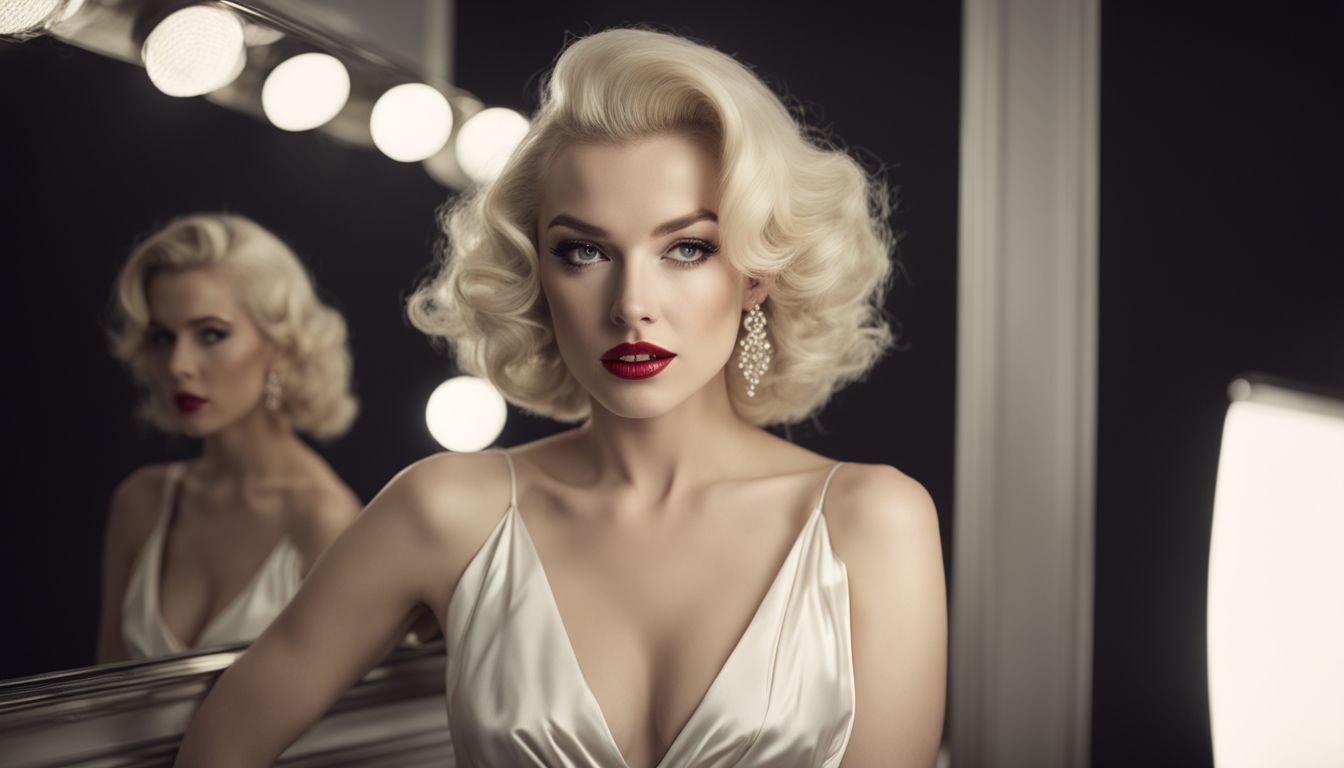Portrait photo of a woman with Marilyn Monroe accessories in a mirror.