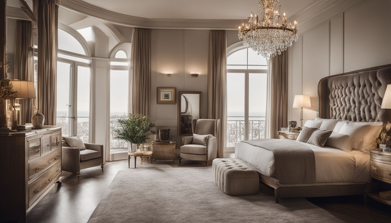 An elegant bedroom with vintage furniture and glamorous decor.
