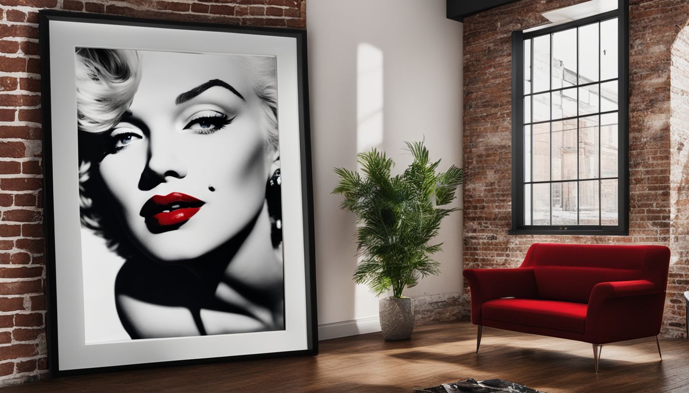 Marilyn Monroe quote framed next to colorful wall art photography.