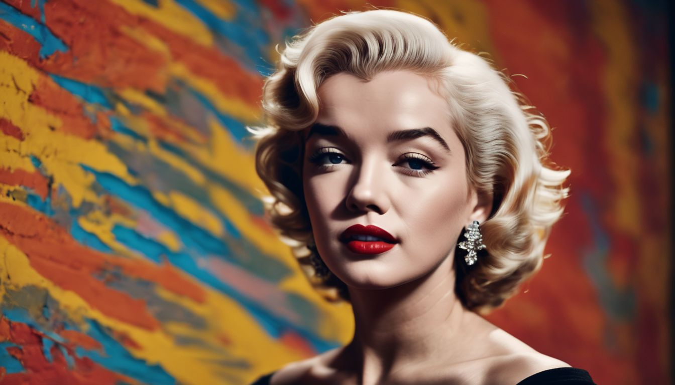 Portrait of Marilyn Monroe in front of a colorful wall.