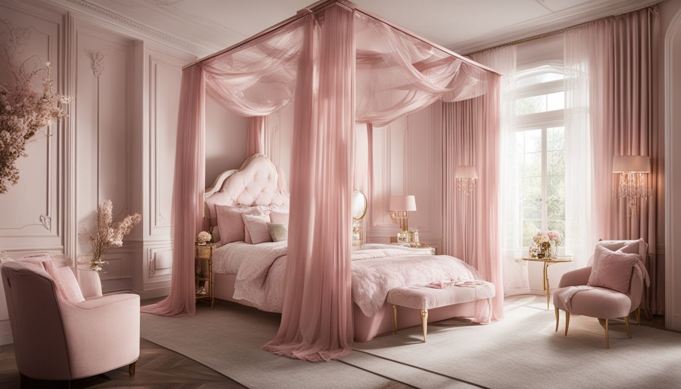 A pink princess bedroom with a canopy bed and vanity table.