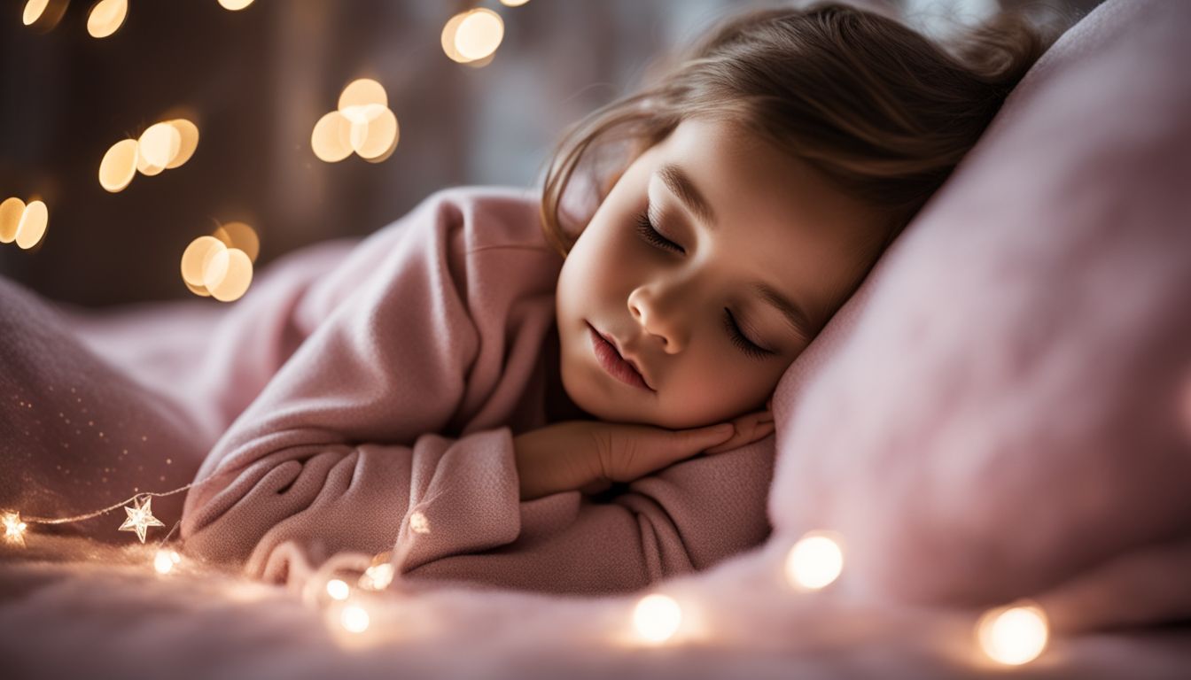 A peaceful child sleeping on a pink bed surrounded by fairy lights.