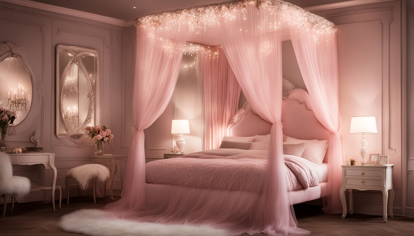 A pink princess bedroom with a canopy bed and fairy lights.