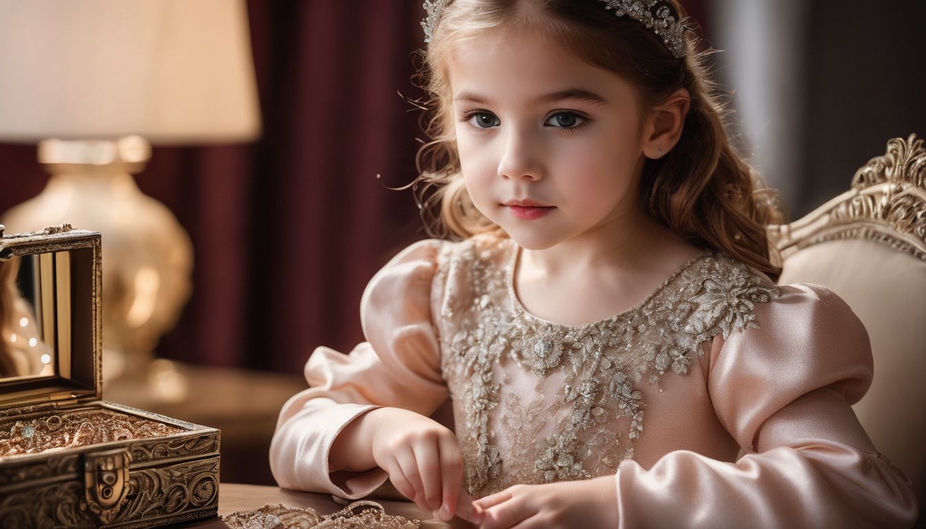 A little girl opens a princess-themed jewelry box filled with sparkly accessories.