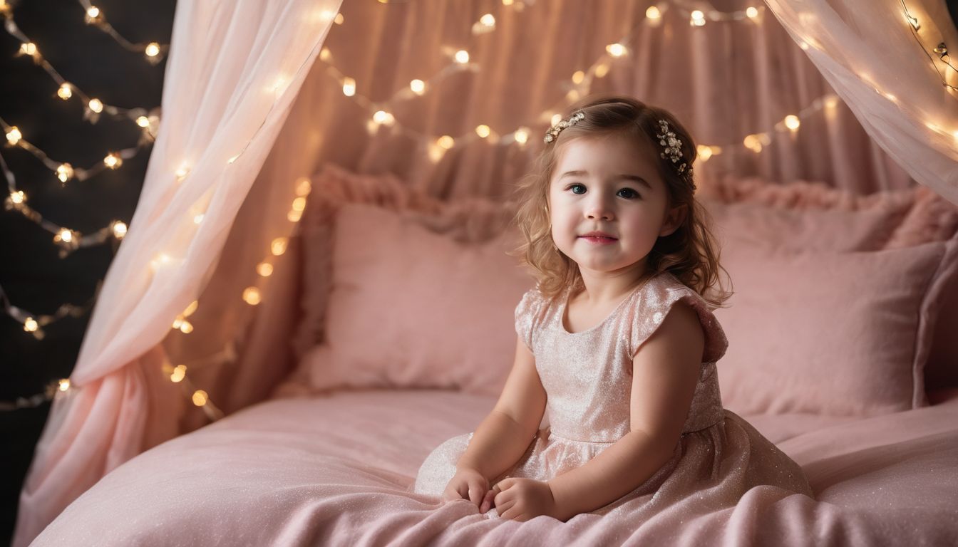A photo of a little girl on a pink canopy bed.