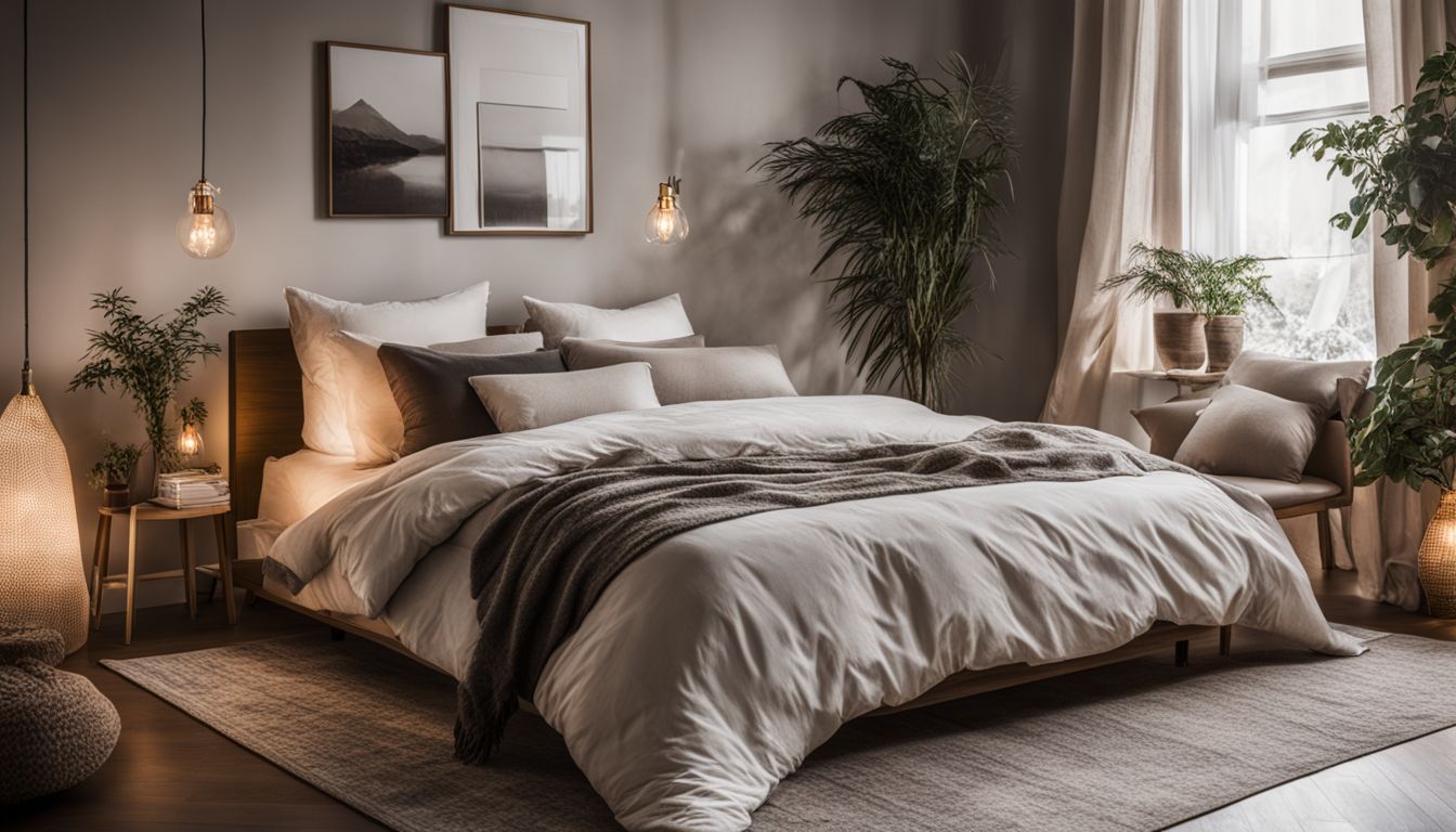 A cozy bedroom with diverse people and stylish decor.