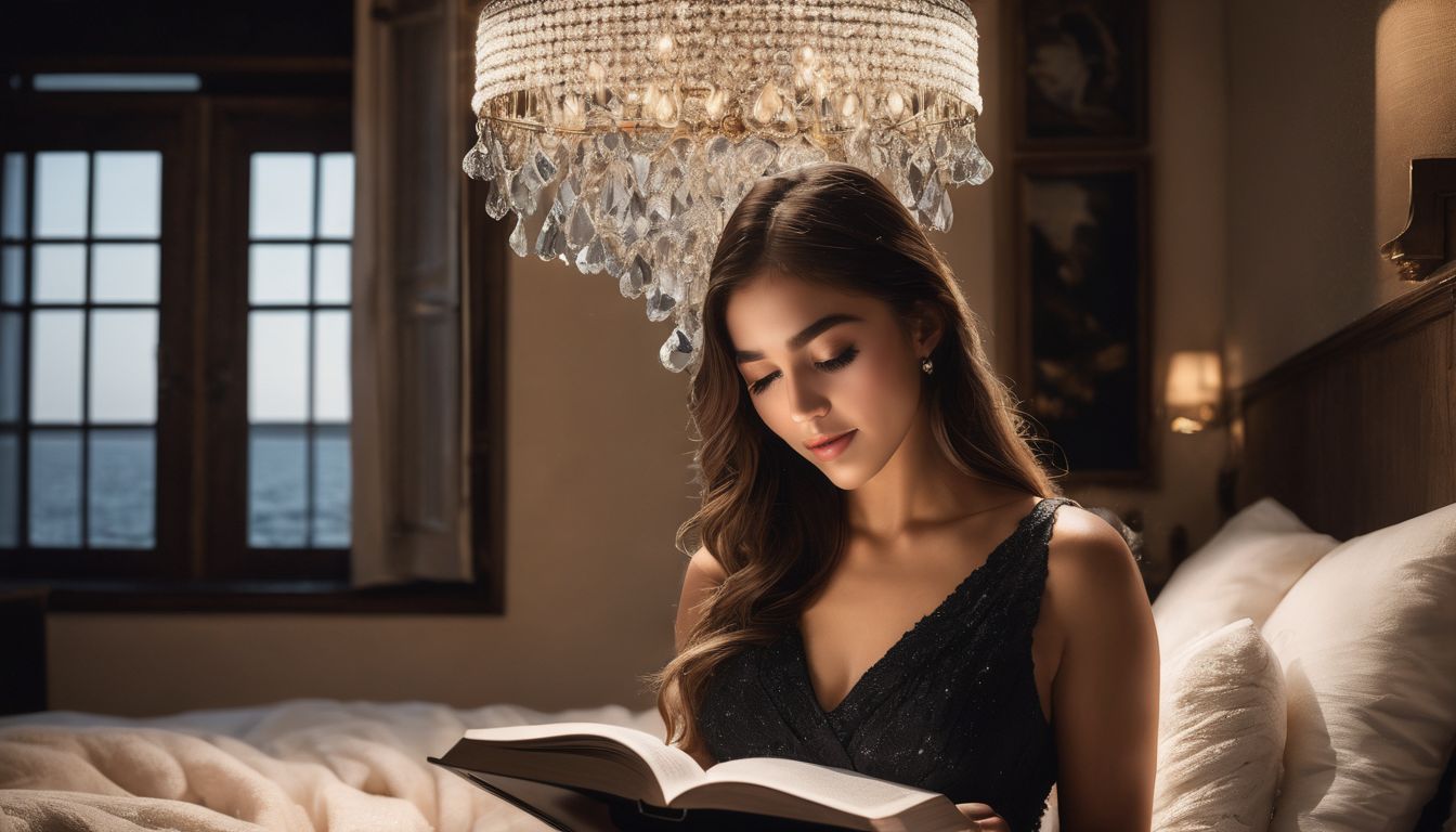 A girl reading a book on a cozy bed with a chandelier.