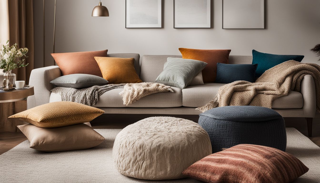 A vibrant mix of pillows and blankets on a cozy living room sofa.