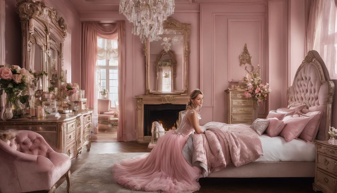 A girl surrounded by various pink princess bedroom pieces in a detailed portrait.