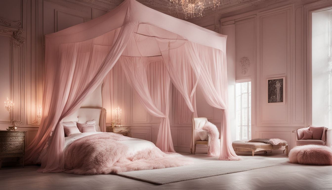 Summary: A beautiful pink canopy bed with diverse people and stylish decor.