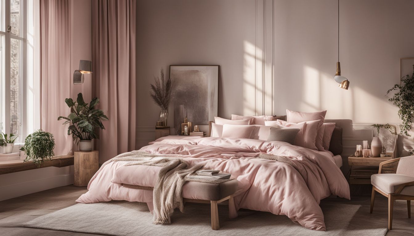 Cozy bedroom with pink bedding, various faces, hair styles, and outfits.