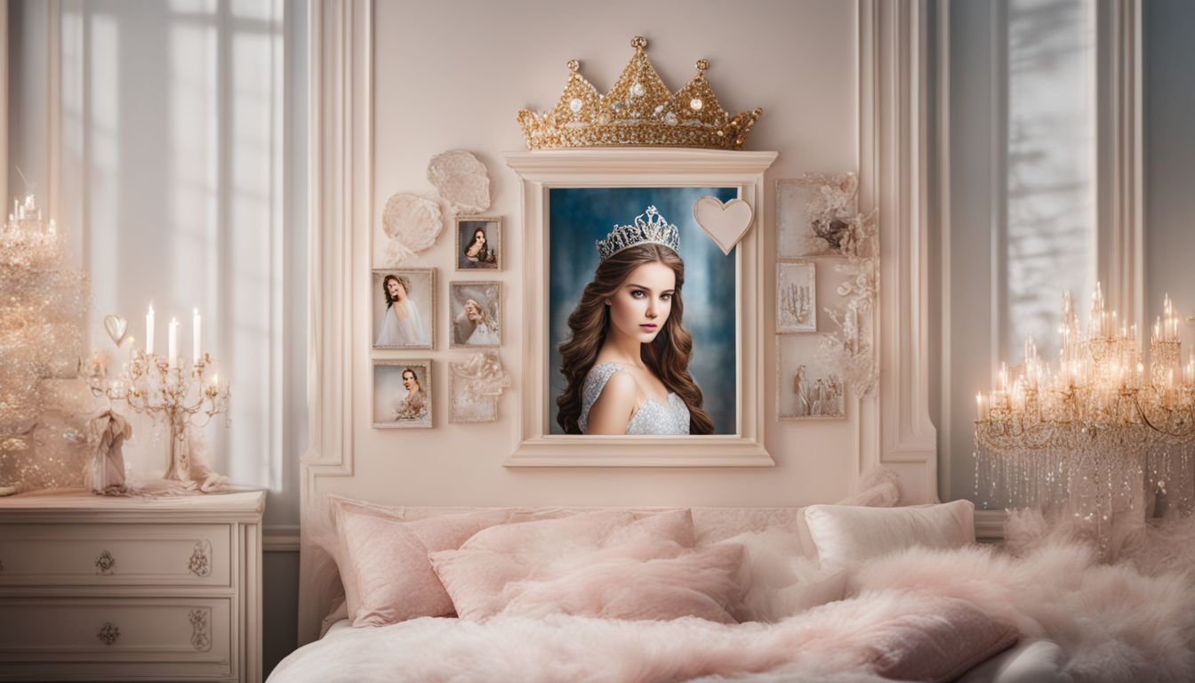 A princess-themed wall art with a crown, castle, and tiaras.