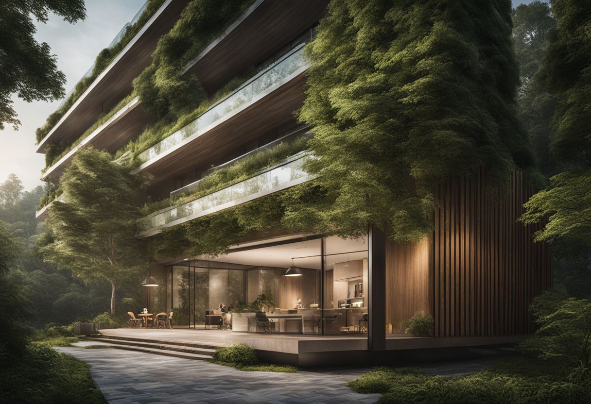 A sustainable building surrounded by nature, featuring diverse landscapes and people.