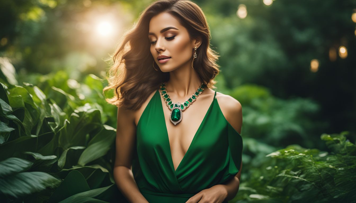 An elegant woman holds a rechargeable emerald necklace surrounded by lush greenery and nature photography.