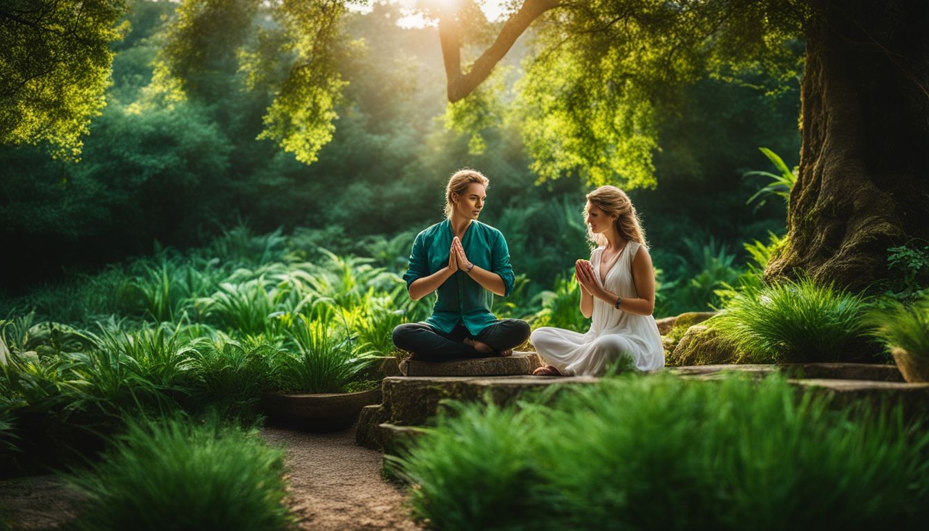 A person meditating in a beautiful garden, surrounded by nature and holding an emerald crystal.