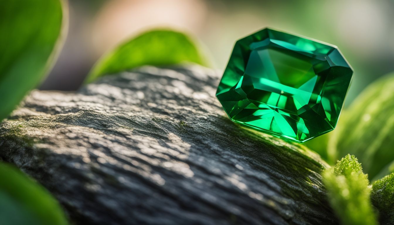 A close-up photo of an emerald gemstone surrounded by green foliage and various people in different outfits and hairstyles.
