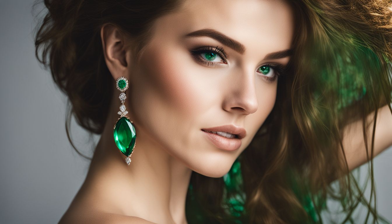 A woman with a Caucasian ethnicity wearing an emerald necklace is shown in a highly detailed portrait photography.