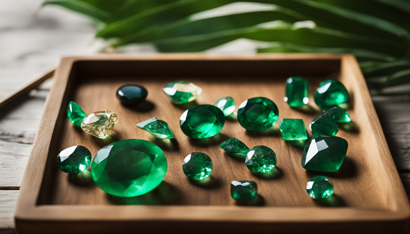 A collection of vibrant emerald gemstones on a wooden tray surrounded by natural elements, with diverse faces and outfits.