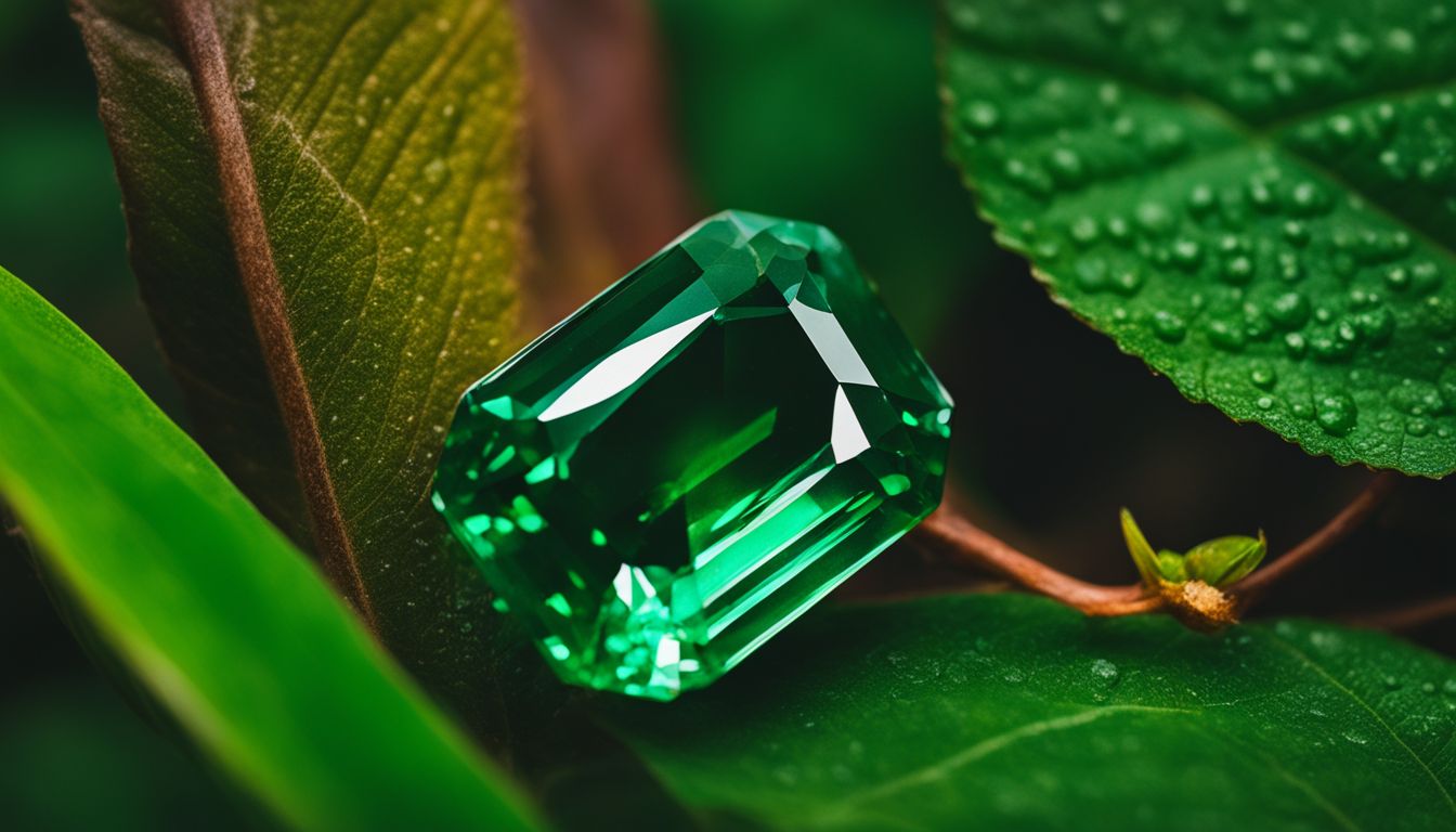 A photo of a beautiful emerald gemstone surrounded by green leaves, featuring various people with different hairstyles and outfits.