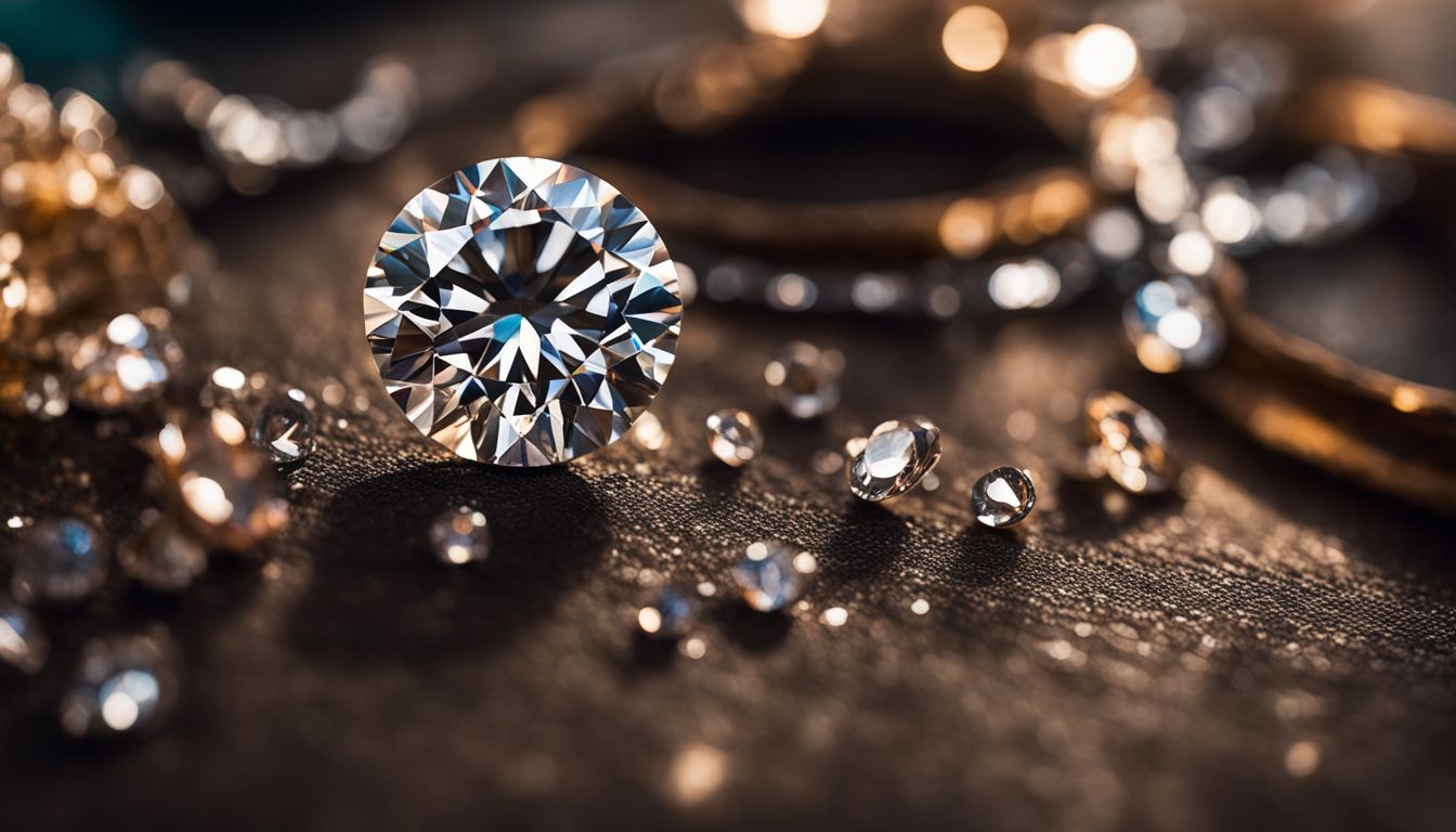 A close-up photo of a sparkling diamond with a backdrop of a jeweler's workshop, surrounded by different people with various appearances.