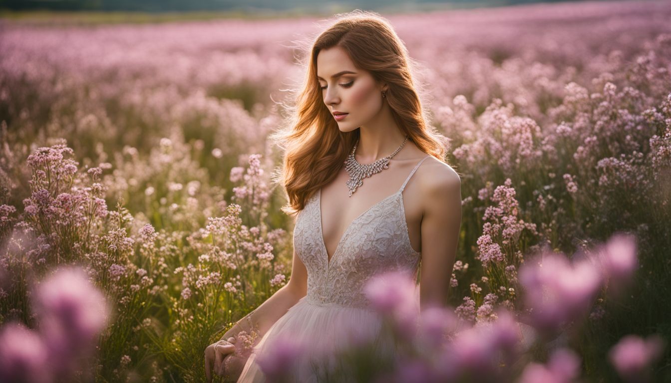 A Caucasian woman wearing a diamond necklace in a field of flowers, with different looks and outfits, captured in high-resolution.