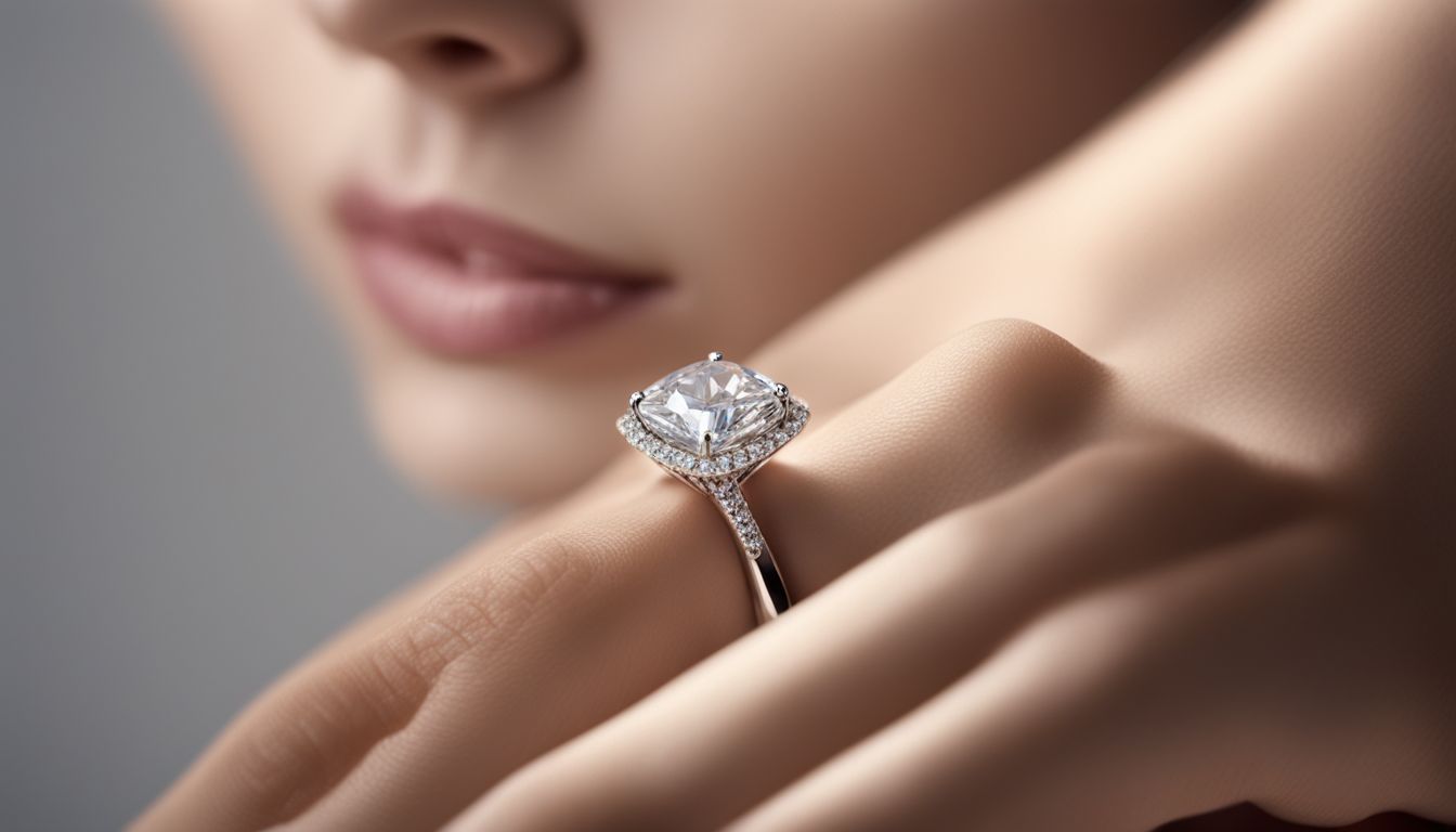 A close-up photo of a diamond ring on a woman's hand, showcasing different face, hair, and outfit styles.