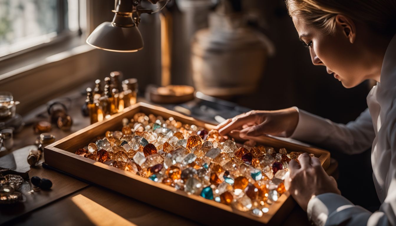 A gemologist examines imperial topaz gems in a well-lit studio, surrounded by different models posing with the gems.