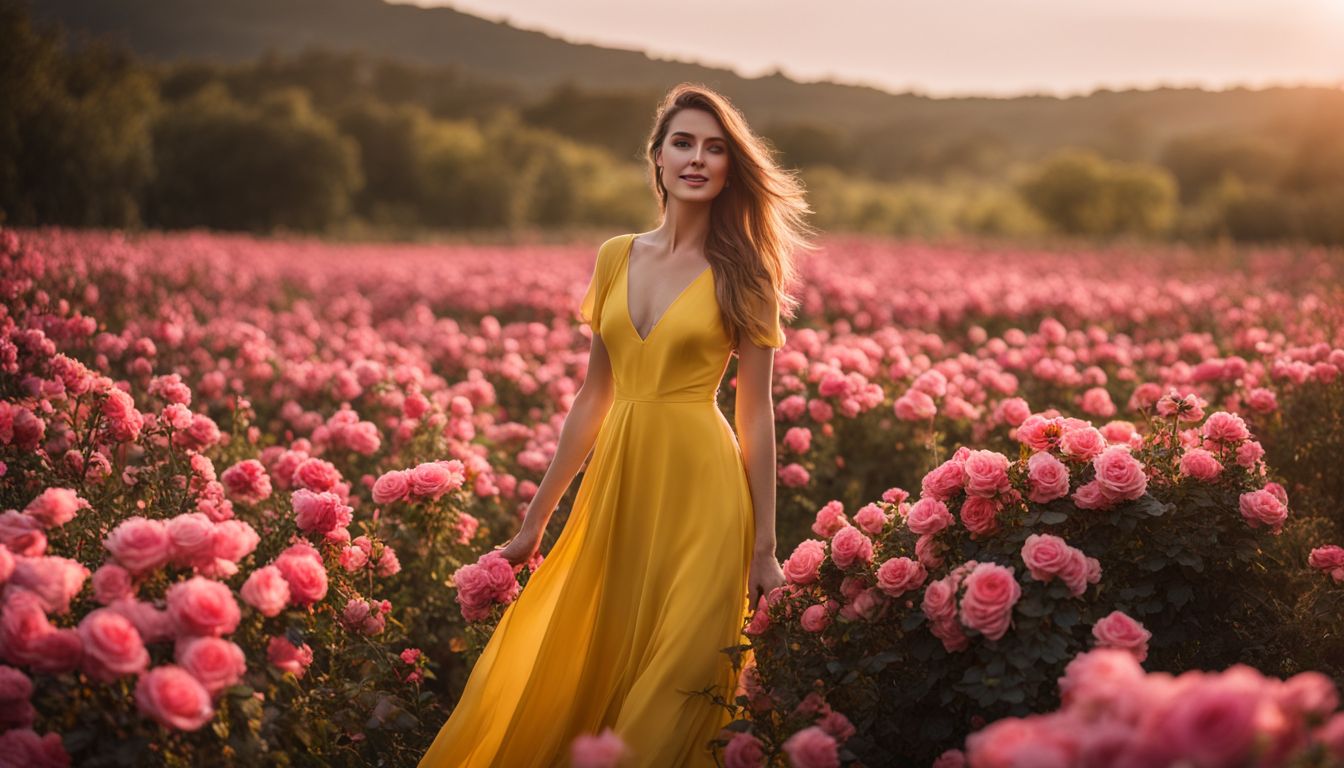 A Caucasian woman in a yellow dress stands in a field of pink roses surrounded by different faces, hair styles, and outfits.