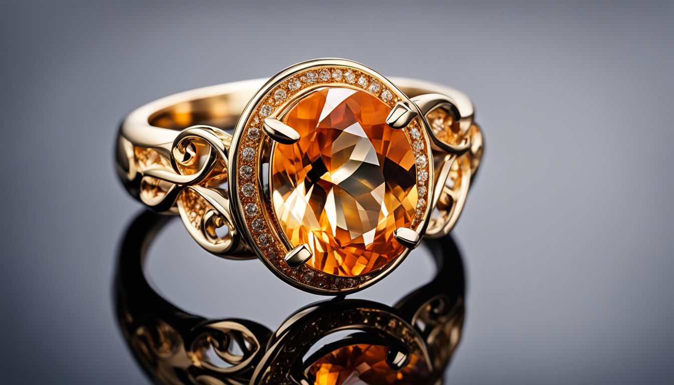 Close-up photo of a gold and orange topaz ring, showcasing its intricate design and stunning colors.