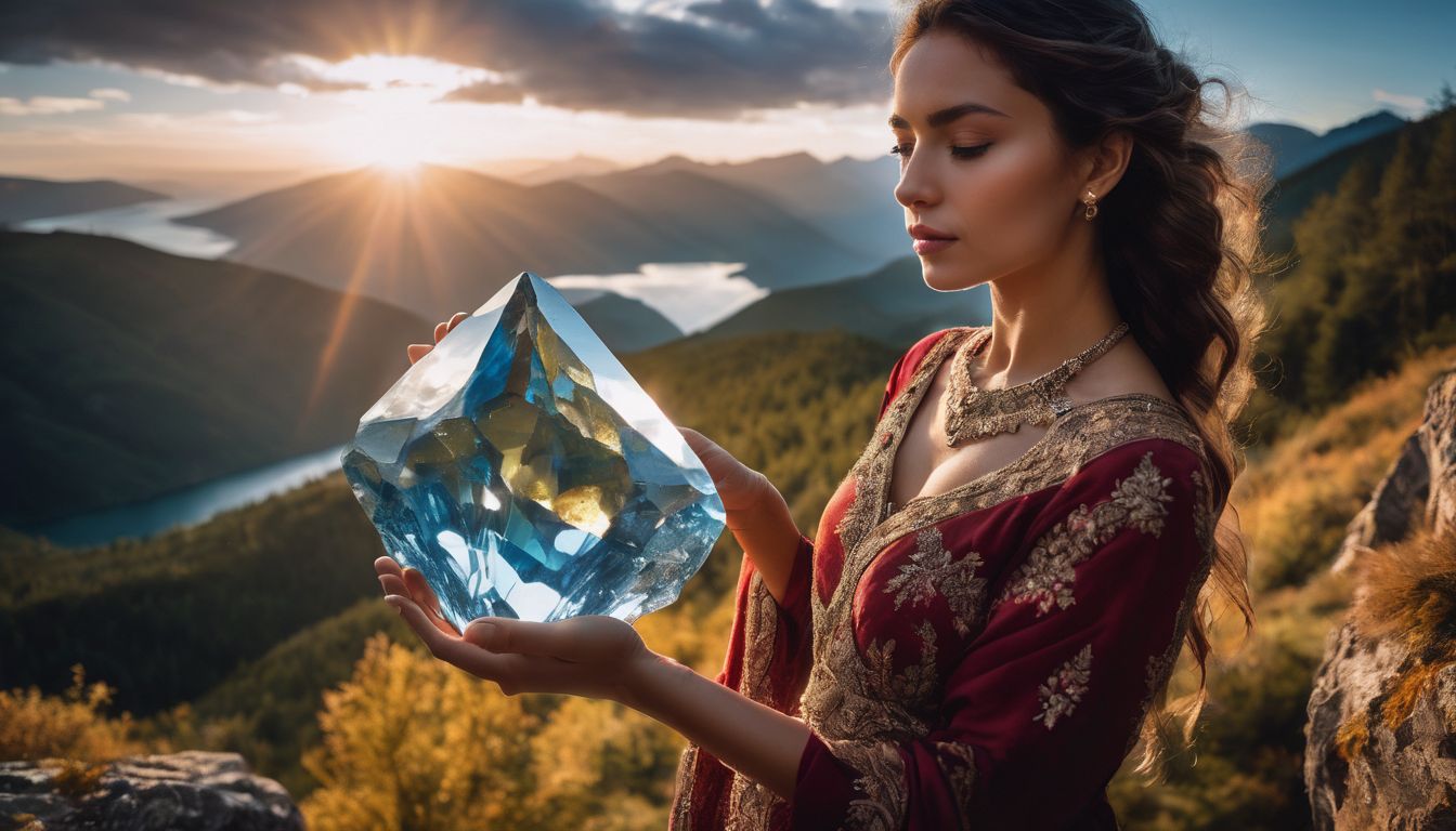 The photo shows a person holding a topaz gemstone surrounded by beautiful natural scenery and diverse people.
