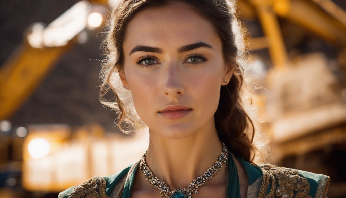 Close-up photo of a woman wearing an imperial topaz necklace with a blurred background of mining equipment.