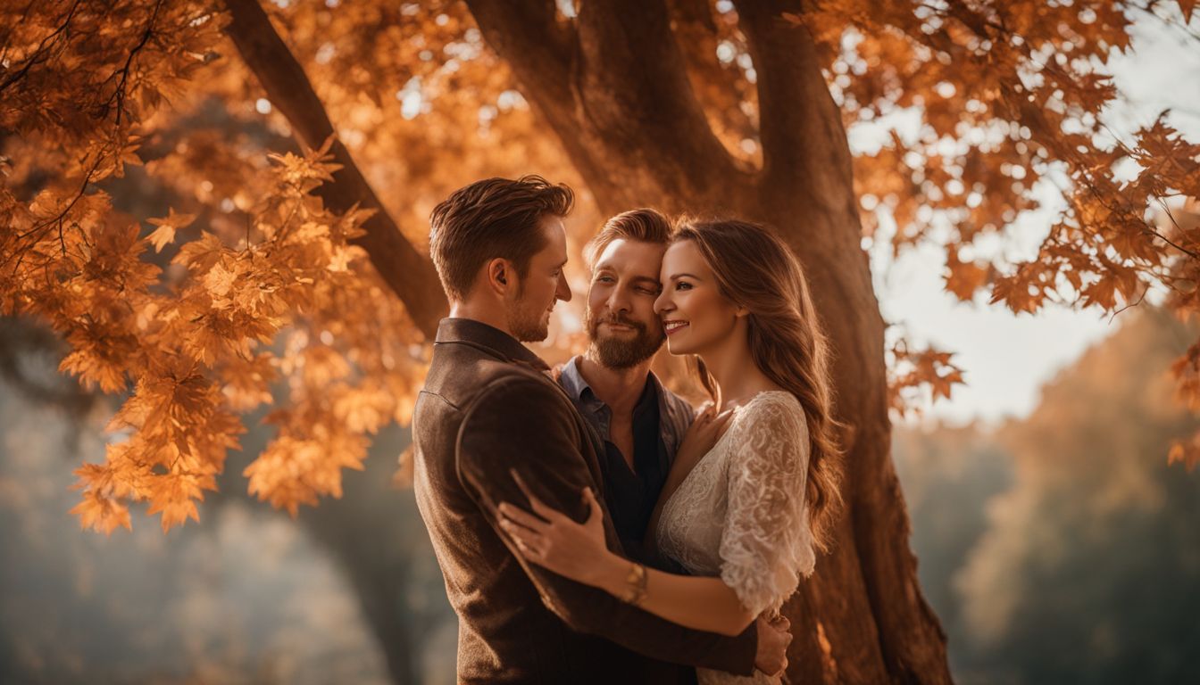 A photo of a couple embracing under a tree with topaz-colored leaves in a bustling natural setting.