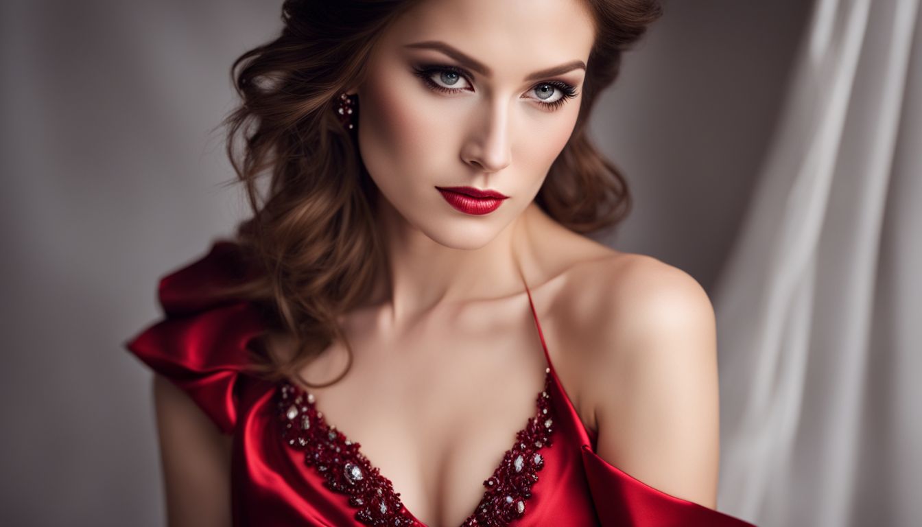 A Caucasian woman in a stunning red gown adorned with garnet jewelry, showing different faces, hairstyles, and outfits.