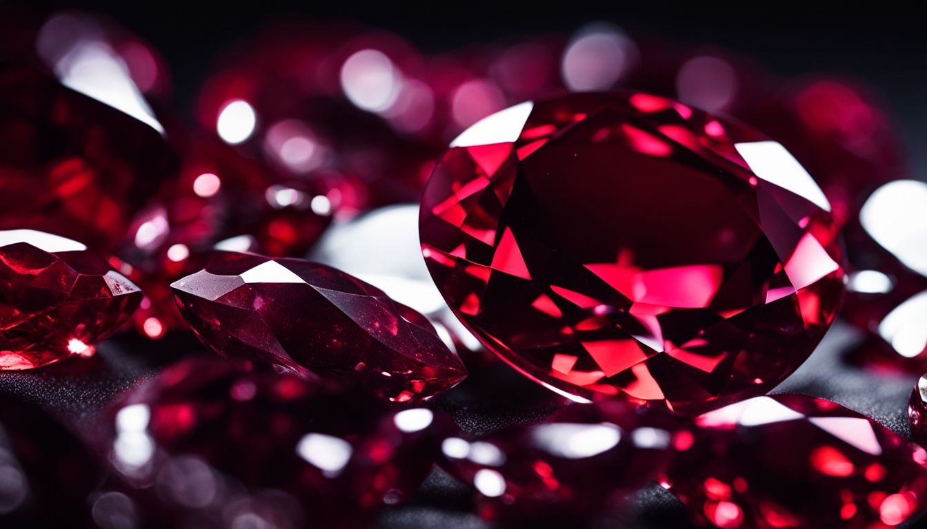 The photo features a close-up of a lustrous garnet gemstone with various people, hairstyles, and outfits.