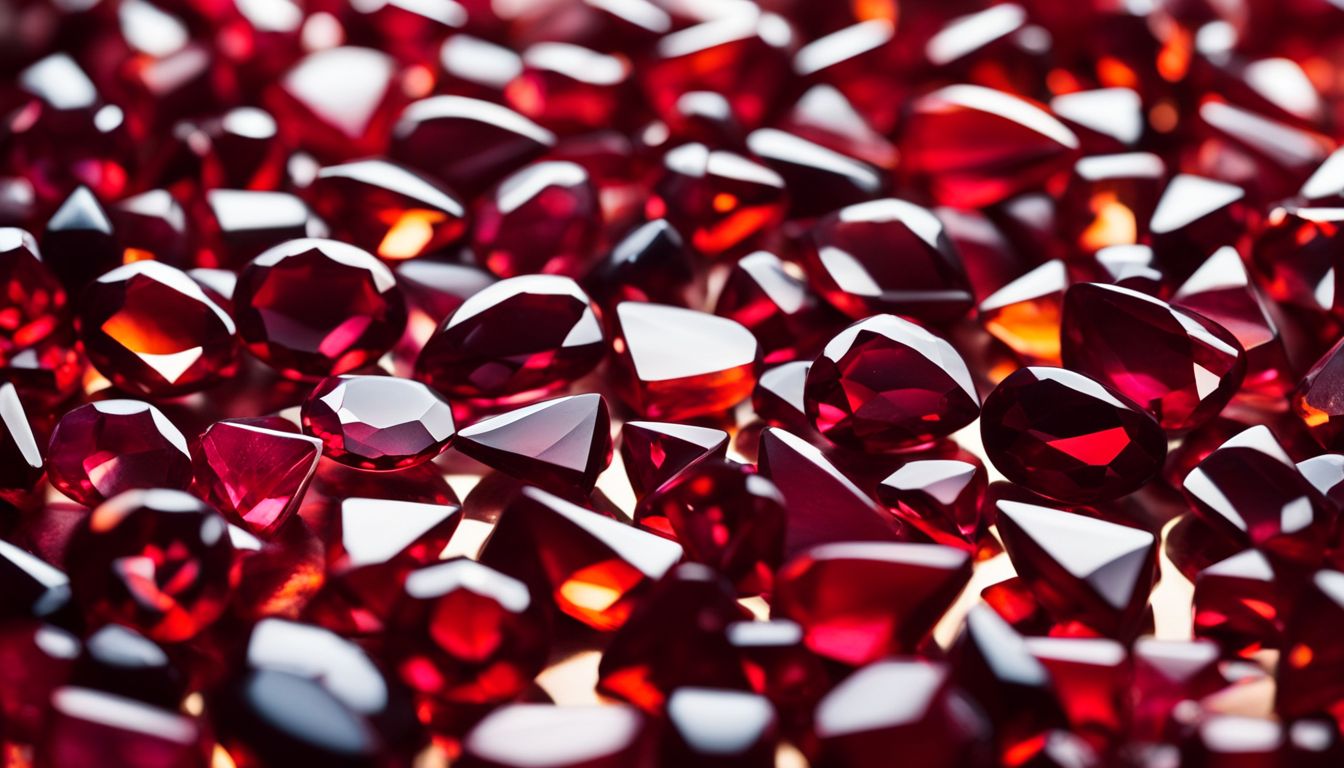 A collection of garnet gemstones arranged on a vibrant background, with different models showcasing various styles and outfits.