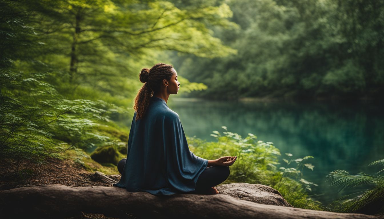 A person meditating in a serene forest surrounded by nature, capturing different faces and styles.