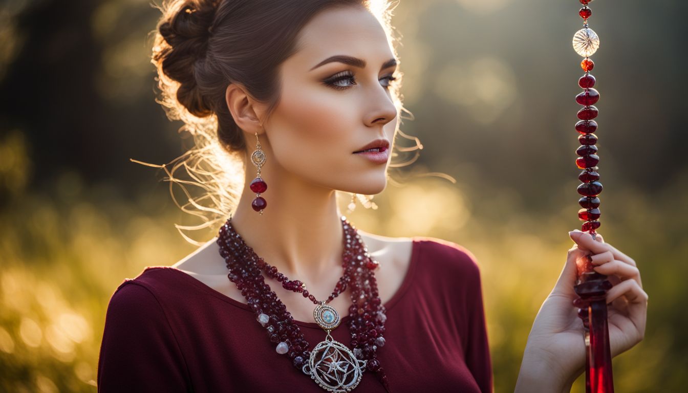 A Caucasian woman wearing a garnet necklace and holding a chakra wand, surrounded by crystals, in a nature setting.
