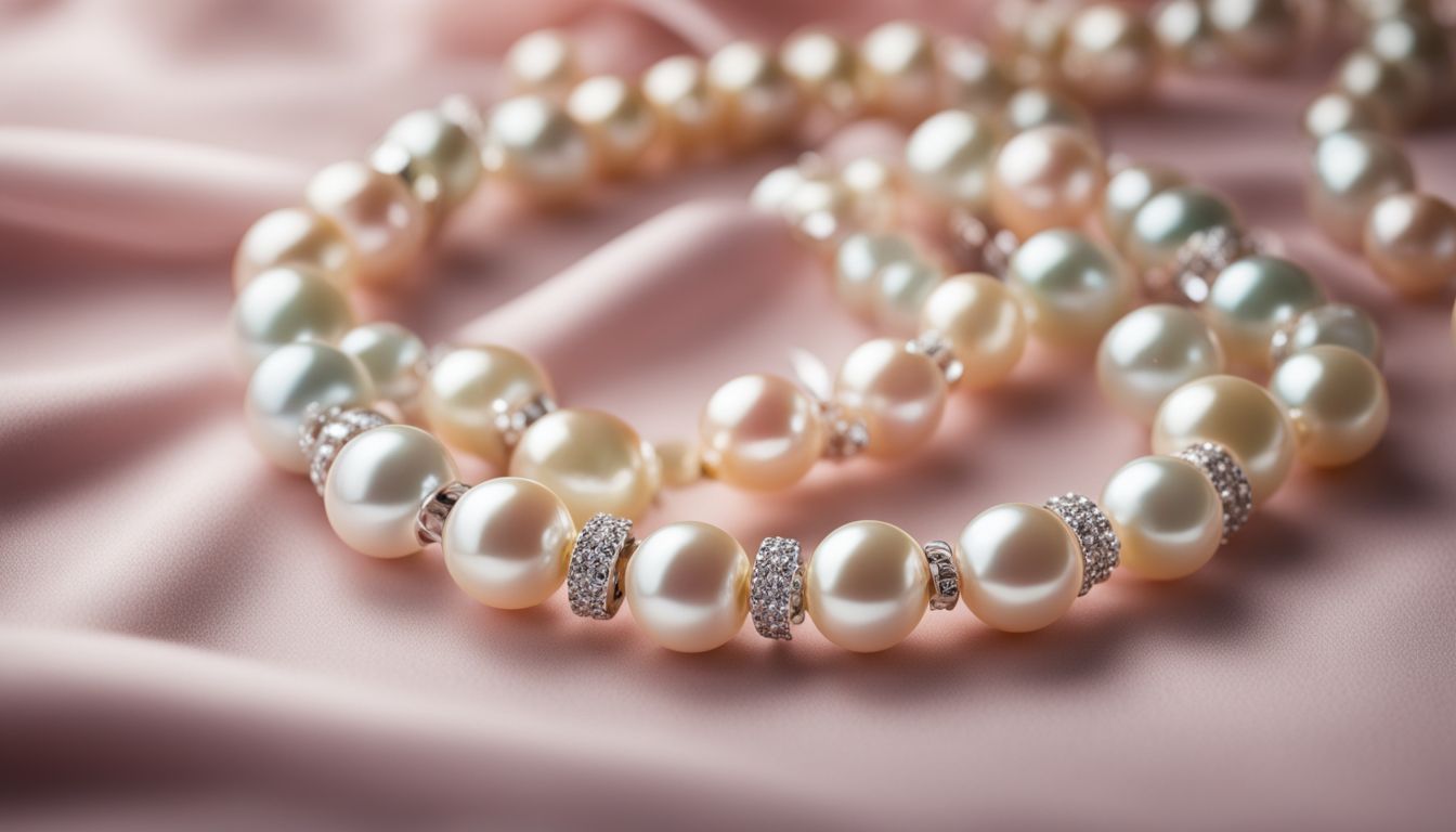 A close-up photo of a beautifully arranged pearl necklace against a pastel background with people of different ethnicities and styles.